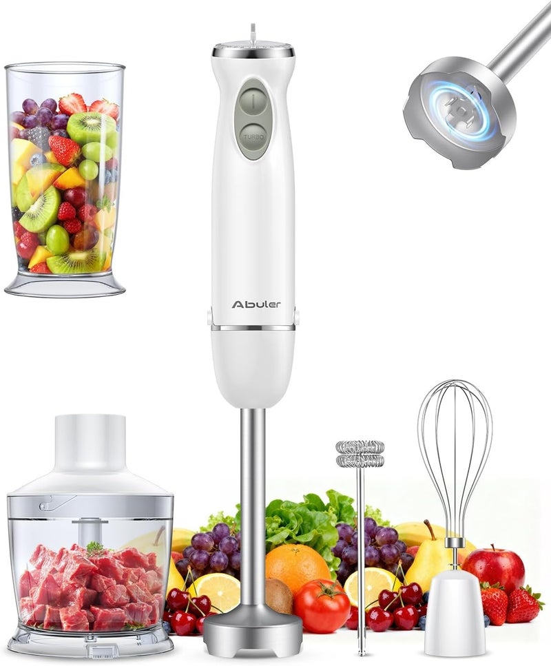 Abuler Immersion Blender Handheld 5 in 1 Hand Blender, 1000W Hand Mixer Stick, BPA-Free 12 Speed Handheld Blender with Mixing Beaker, Chopper, Whisk and Milk Frother for Soup, Sauce, Baby Food (White) - Image 1